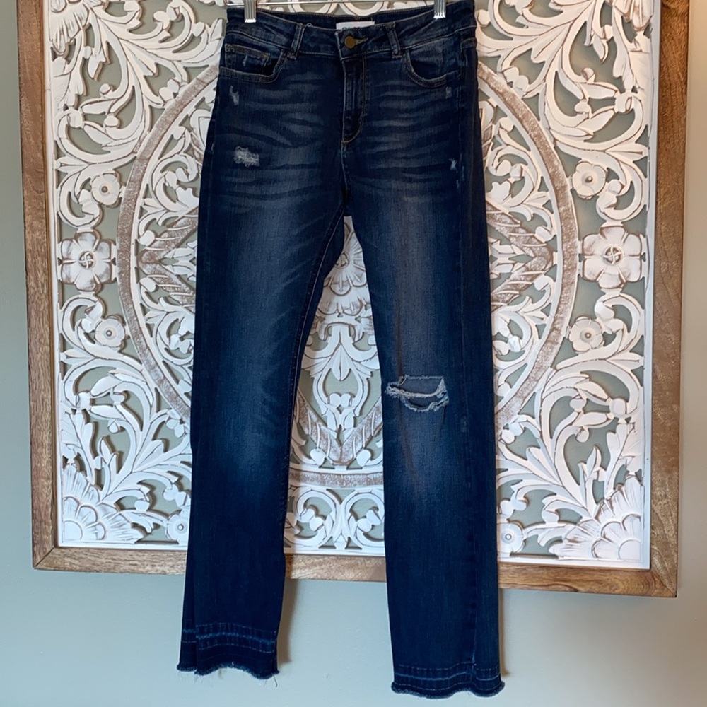 DL1961 Women's Dark Indigo Bootcut Jeans with Knee Rips